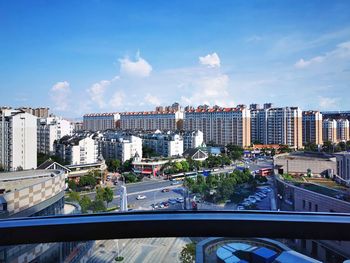 High angle view of buildings against sky