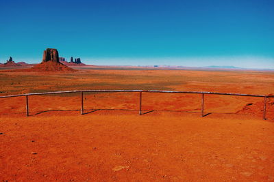 Scenic view of desert against clear blue sky