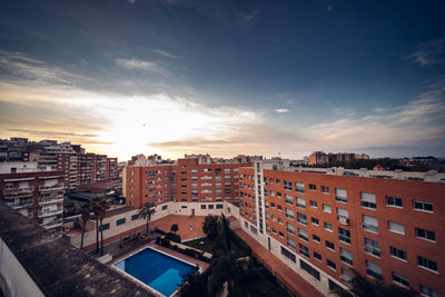 High angle view of buildings against sky during sunset