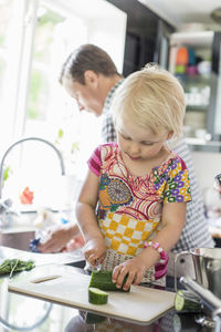 Girl chopping vegetables while father cleaning dishes in background at kitchen