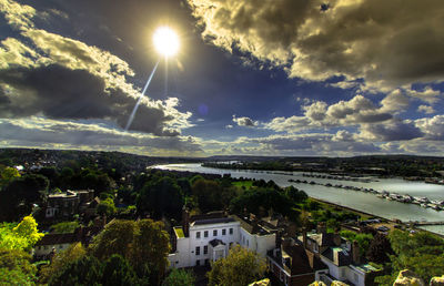 High angle view of town on sunny day