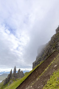 Low angle view of cliff against sky