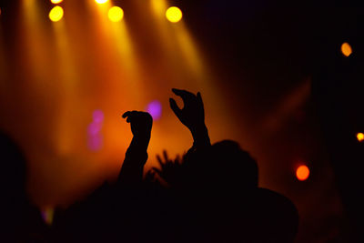 Close-up of silhouette hands against sky at night