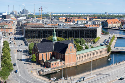 High angle view of buildings in city