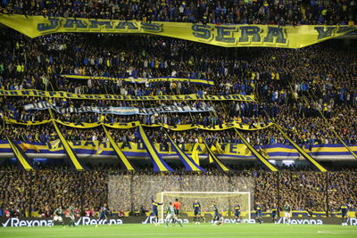 High angle view of people on soccer field