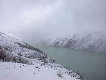 Scenic view of lake and snowcapped mountains against sky