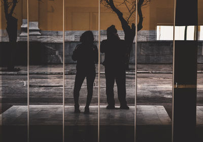 Rear view of silhouette people standing in glass