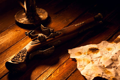 High angle view of bread on wooden table