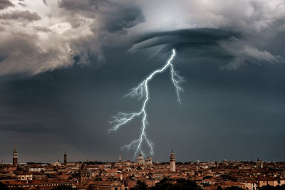 Panoramic view of lightning over city against dramatic sky