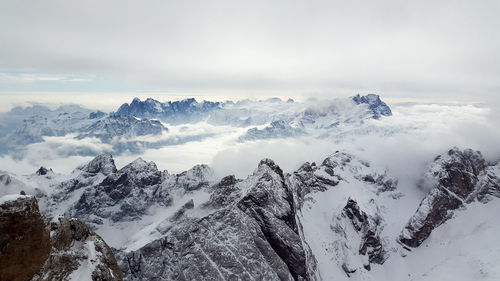 Scenic view of snow covered mountains against sky