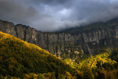 Scenic view of mountains against cloudy sky