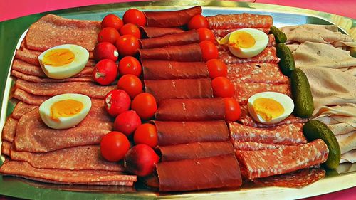 High angle view of breakfast served on table