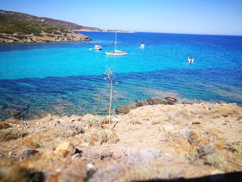 Scenic view of sea against clear blue sky