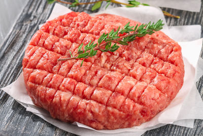 High angle view of meat in plate on table