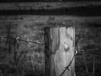 Close-up of barbed wire fence on field