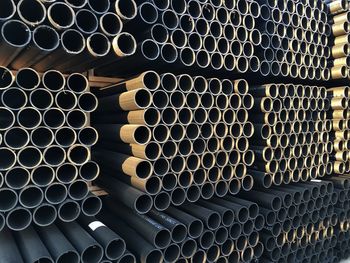 Full frame shot of stacked pipes at factory during sunset