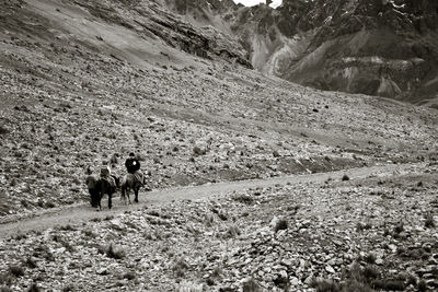 Tourists riding a donkey on their way back