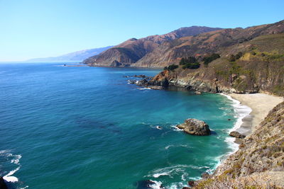 Scenic view of sea against clear blue sky