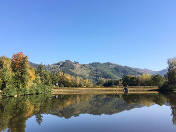 Scenic view of lake against clear blue sky