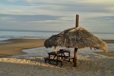  palm thatched beach umbrella  sea of cortez at low tide, in san felipe, baja, mexico