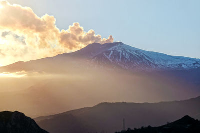 Scenic view of mountains against sky during sunset