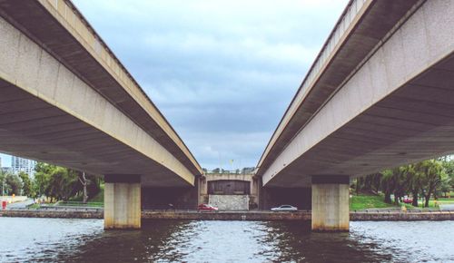 Low angle view of bridge over river against sky