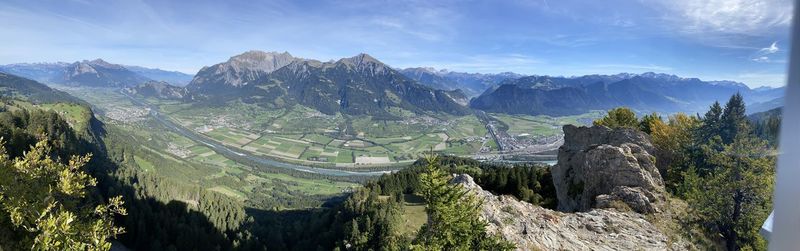 Panoramic view of landscape and mountains against sky