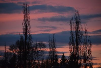 Silhouette bare trees against romantic sky at sunset