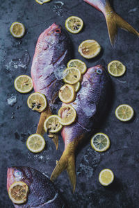 Directly above shot of fruits and fish on table