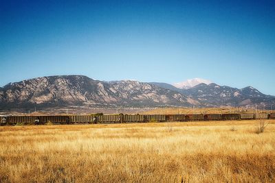 Scenic view of mountains against clear blue sky