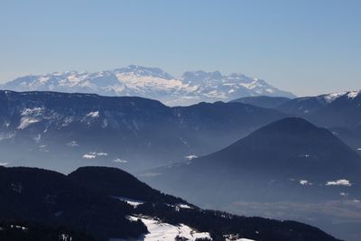 Scenic view of snowcapped mountains against clear sky