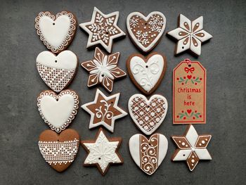 High angle view of heart shape cookies