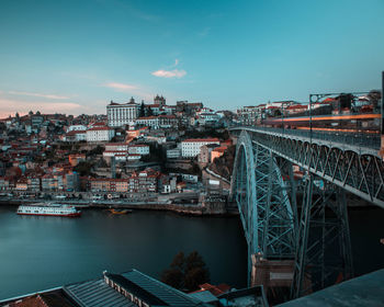 High angle view of bridge over river amidst buildings in city