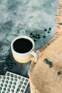 High angle view of coffee on table