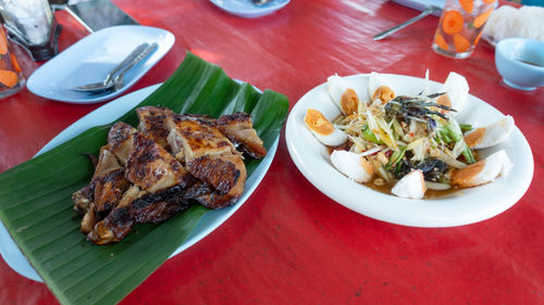 High angle view of meal served on table