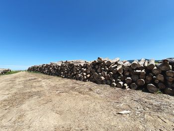 Stack of logs against clear blue sky