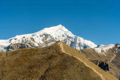 Scenic view of snowcapped mountains against blue sky