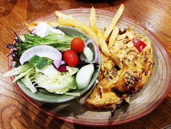 High angle view of food served in plate