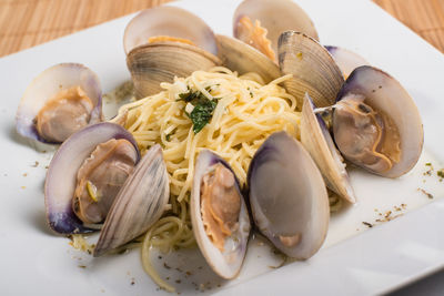 Close-up of seafood in plate on table