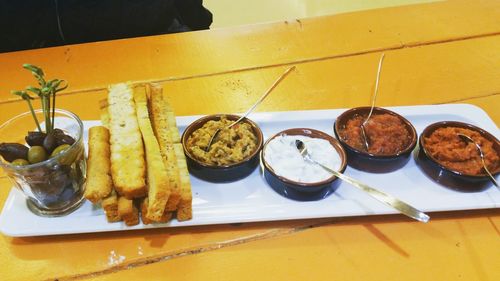 High angle view of food on table