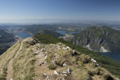 High angle view of landscape by sea against sky