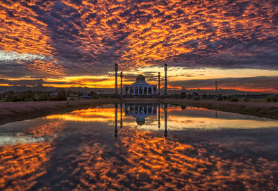 Mosque against cloudy sky during sunset