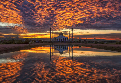 Mosque reflecting in pool against cloudy sky during sunset