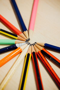 High angle view of pencils on table