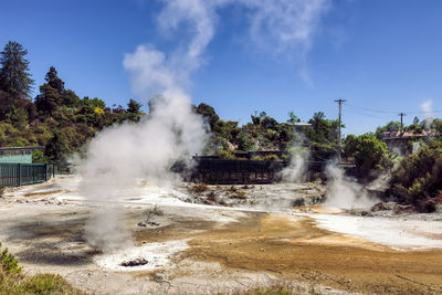 Scenic view of waterfall against sky