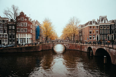 Bridge over river by buildings against sky in city