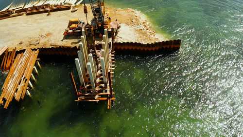 Pile driving machine in construction bridge under construction