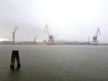 Cranes at harbor against sky