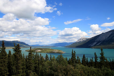 Scenic view of lake against cloudy sky