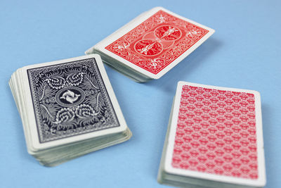 High angle view of red table against blue background